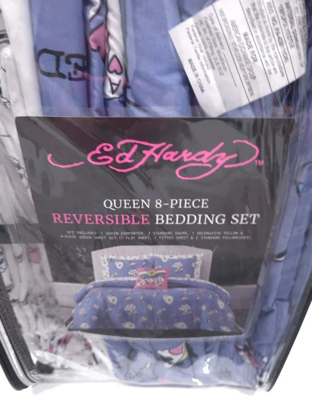 Ed Hardy Queen 8 Piece Cards Blue Purple Reversible Comforter Bedding Set